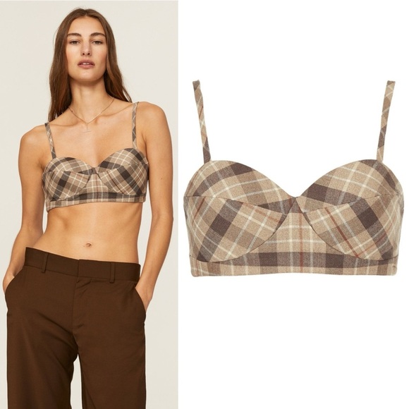 Favorite Daughter Ex Boyfriend Plaid Bra Top Brown Beige - Picture 7 of 15
